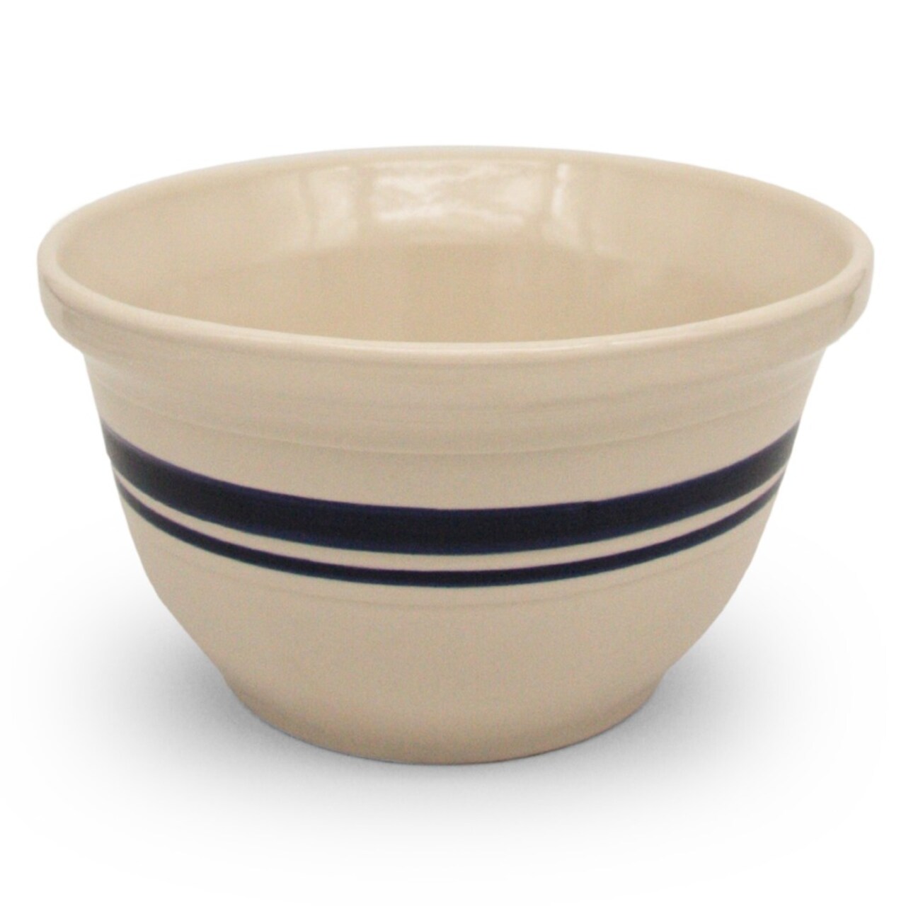 Ohio Stoneware Dominion Mixing Bowl, Stoneware with Food Safe Glaze, Tan with Blue Stripe.